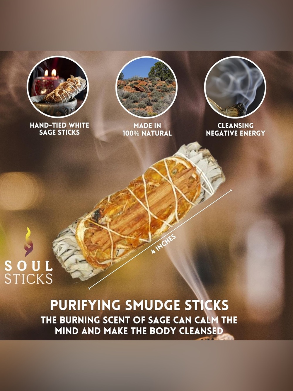 White Sage Smudge Stick with Orange Cinnamon Accents